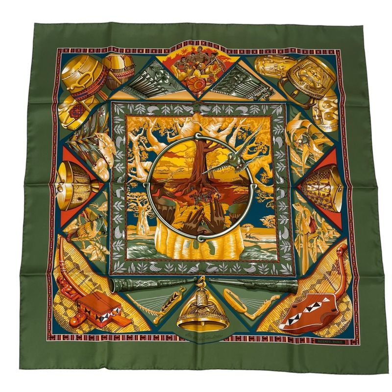 Hermes Scarf Carre 90 Au Son Du Tam To The Sound Of Tam Silk Green With Box