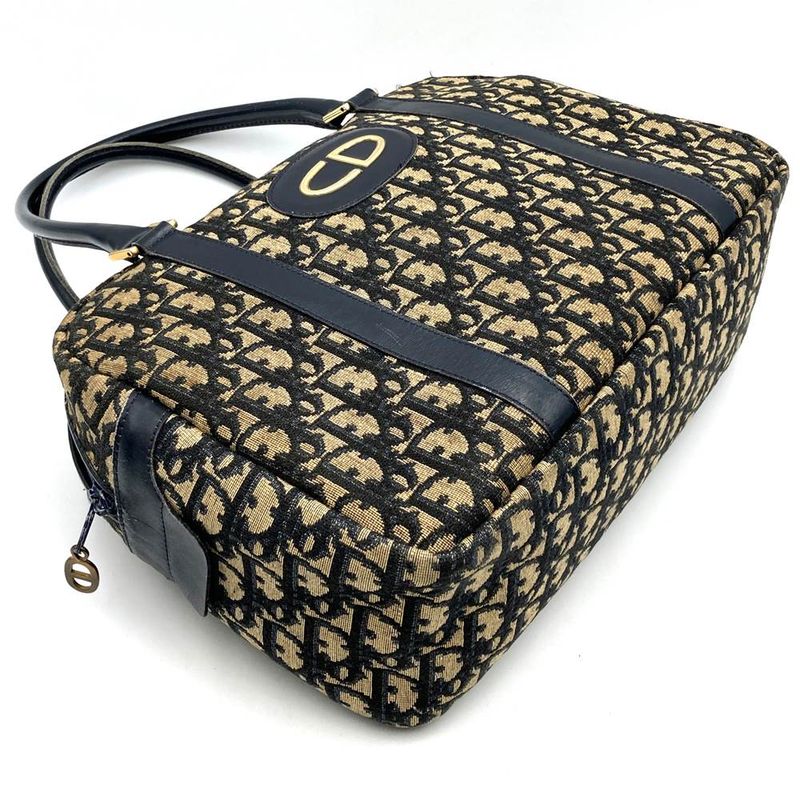 DIOR Handbag Vintage Boston Bag Navy Blue Canvas Trotter Women Men