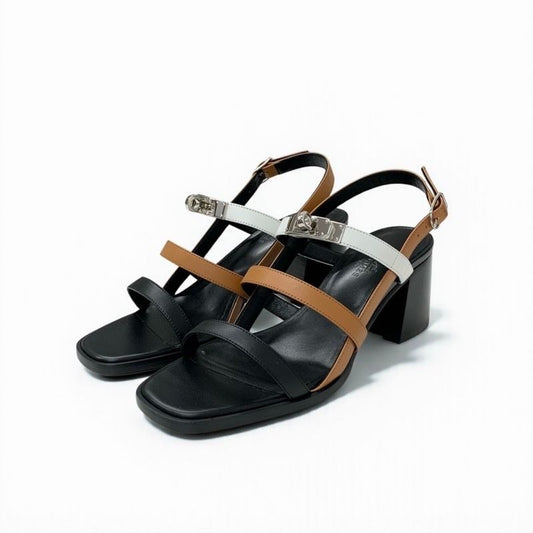 Hermes Eve Sandals Shoes Leather Brown Black White Kelly Strap