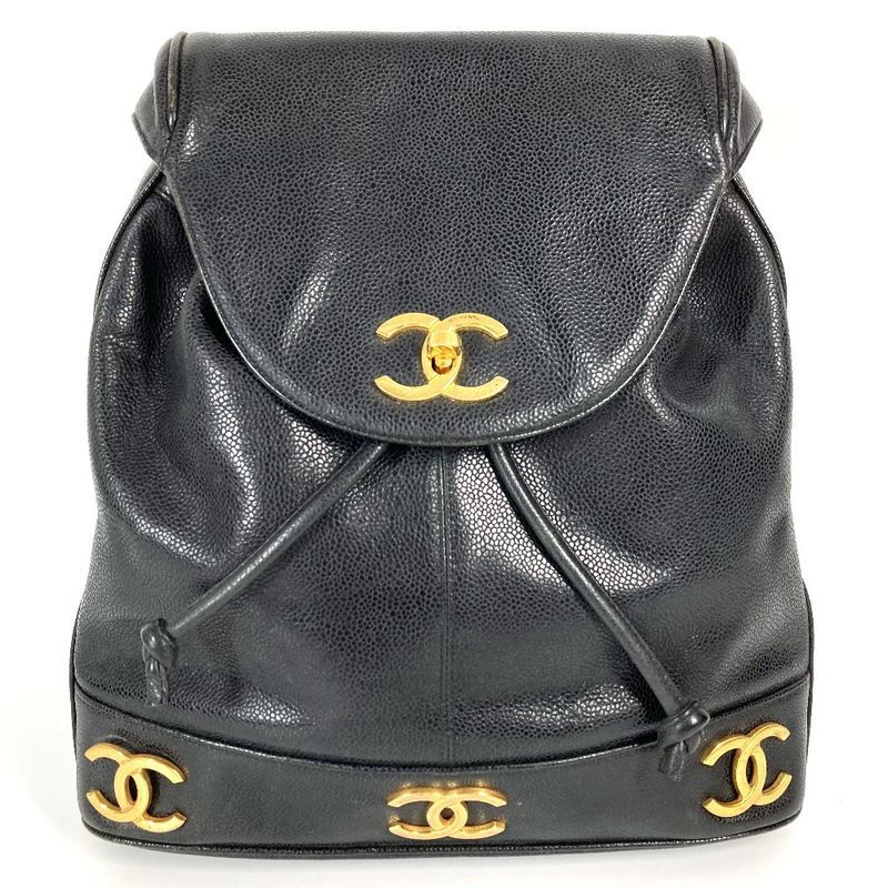 Chanel Backpack Sac CC Coco Mark Triple Coco Logo Caviar Skin Black