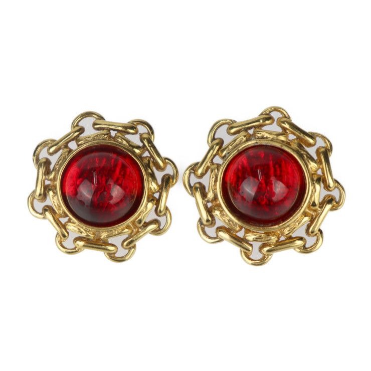 Chanel Gripoix Round Earrings Metal Bijoux Gold Red With Clip Vintage