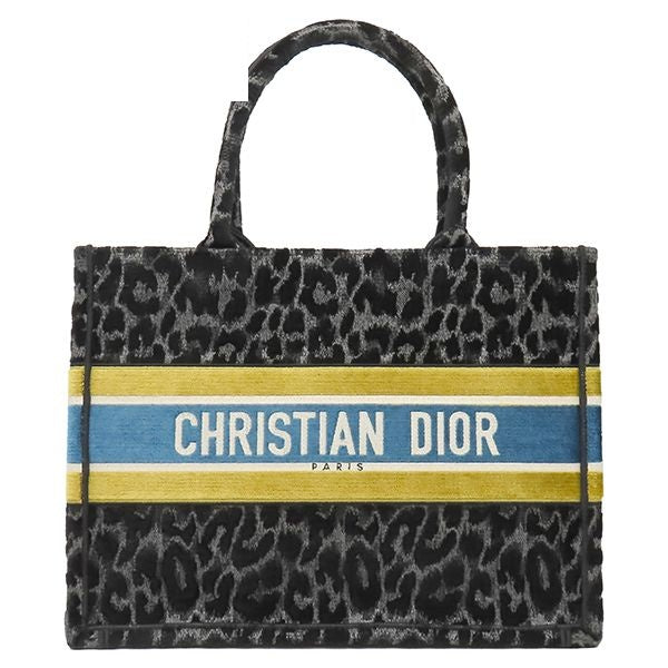 Dior Tote Book Medium Velour Black Yellow Blue Leopard Print