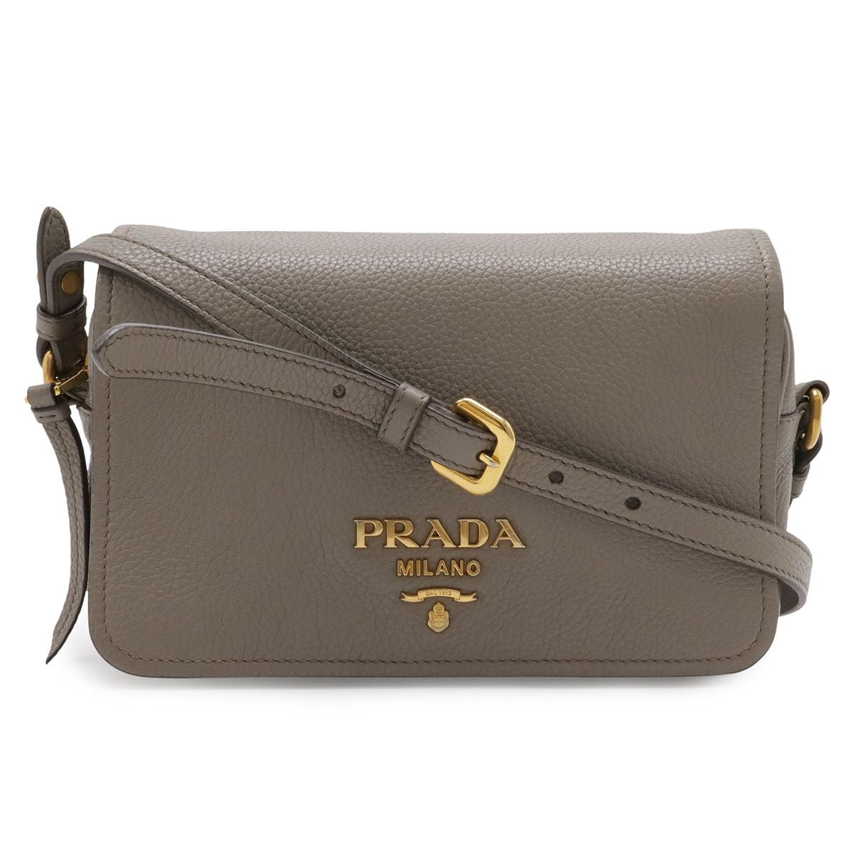 Prada Pochette Shoulder Bag Flap Crossbody Leather Grey Gold Greige