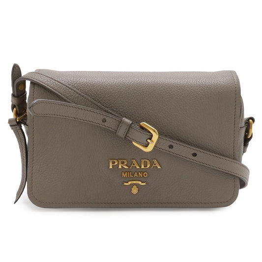 Prada Pochette Shoulder Bag Flap Crossbody Leather Grey Gold Greige