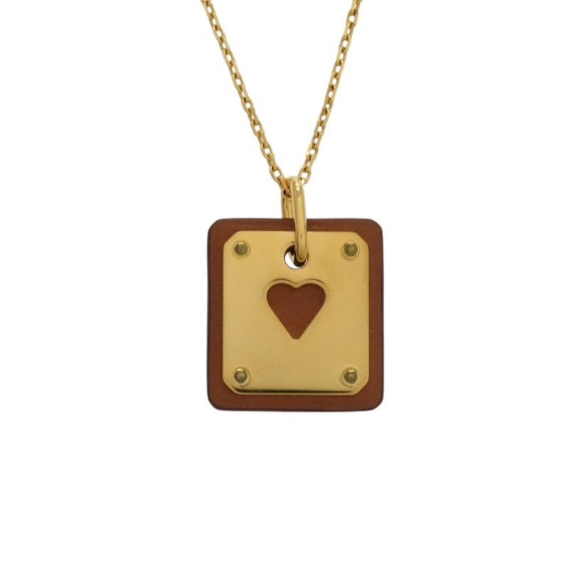 Hermes Ace Of Hearts Leather Metal Brown Necklace 1758