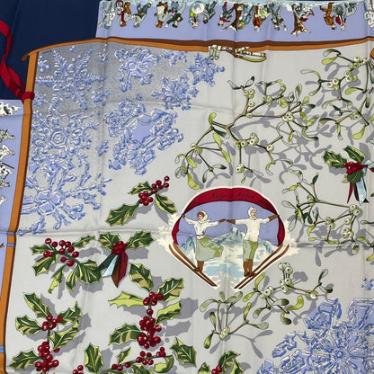 Hermes Carre 90 Neige D'antan Last Year's Snow Blue 100% Silk Scarf