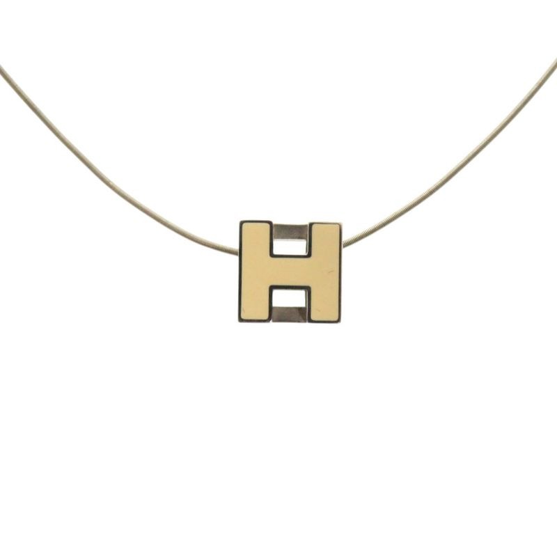 Hermes Cage Ash H Cube Metal Silver White Necklace 1034