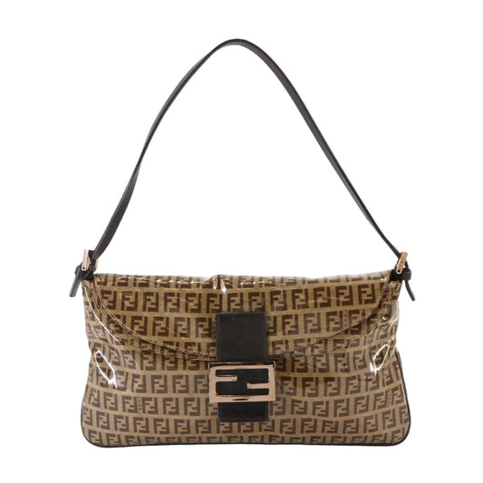 Fendi Zucchino Patent Shoulder Bag Leather Beige Bronze