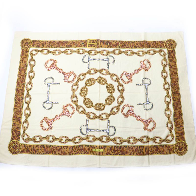 Gucci Vintage 100% Cotton Animal Print Horsebit Large Shawl Scarf Brown Made In