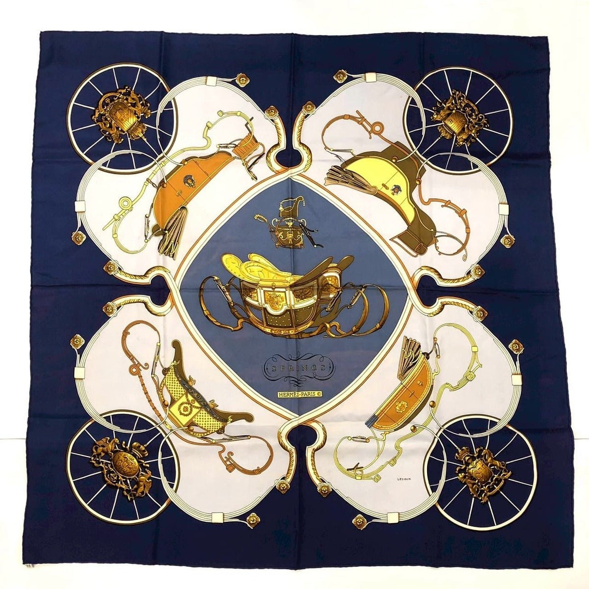 Hermes Carre 90 Springs Spring Scarf Silk Navy Vintage