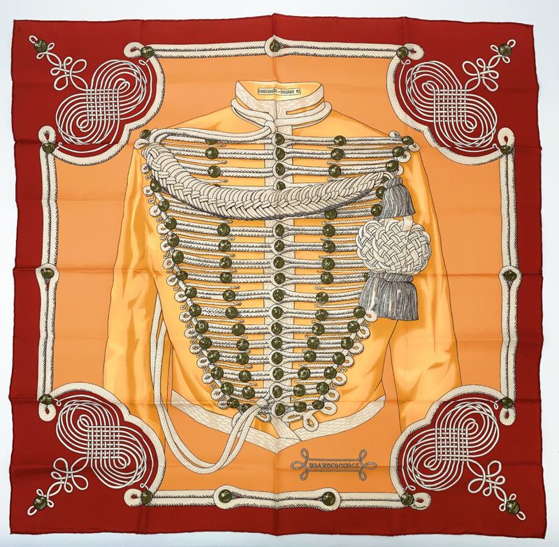 Grade Hermes Carre 90 Brandebourgs Brandenburg Decor Red And Yellow Scarf Silk