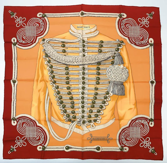 Grade Hermes Carre 90 Brandebourgs Brandenburg Decor Red And Yellow Scarf Silk