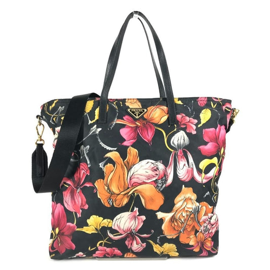 Prada Tote Bag Triangle Logo Plate Leather Nylon Black