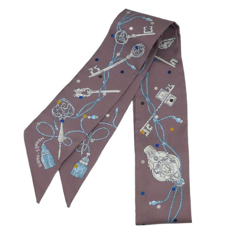 Hermes Les Cles A Pois Lecpois Twilly Scarf Ribbon 100% Silk Gray