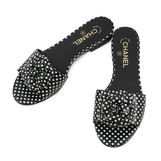 Chanel Sandals CC Logo Camellia Dot Lambskin 38c Shoes Mule Black White