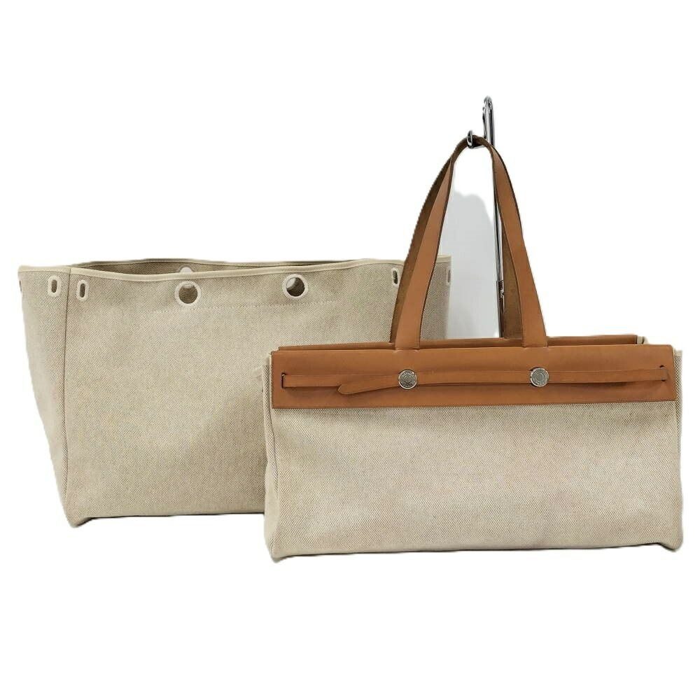 Hermes Herbag Cabas GM Leather Canvas Natural Handbag