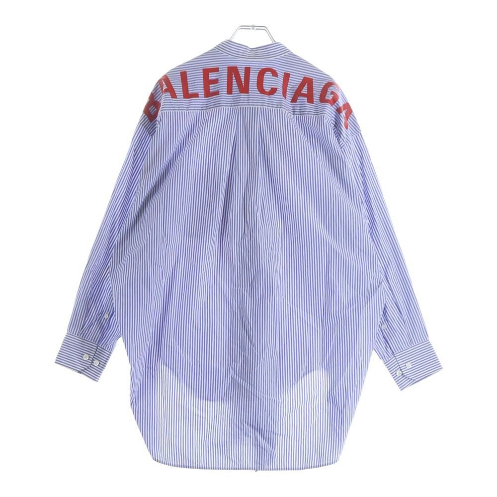 Balenciaga Back Logo Print Bowtie Striped Cotton Long Sleeve Shirt White Blue