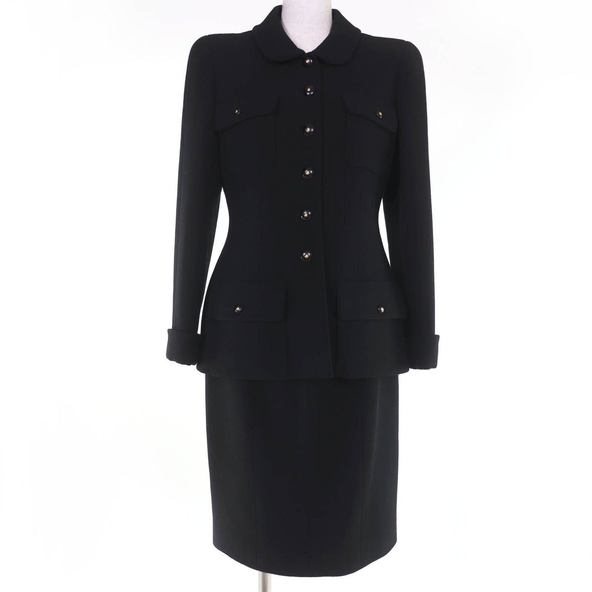 Chanel Vintage Wool Coco Button Jacket Skirt Set Black