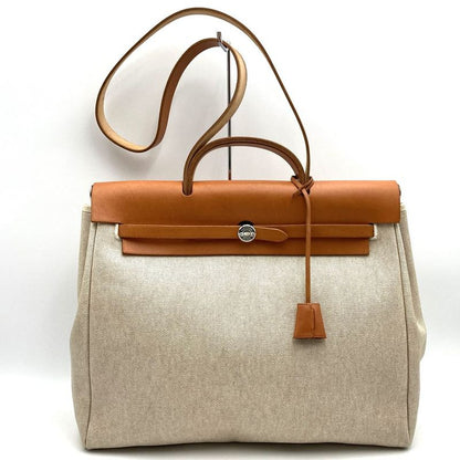 Hermes Herbag GM Canvas 2WAY With Attachable Key Shoulder Bag Ivory Ladies