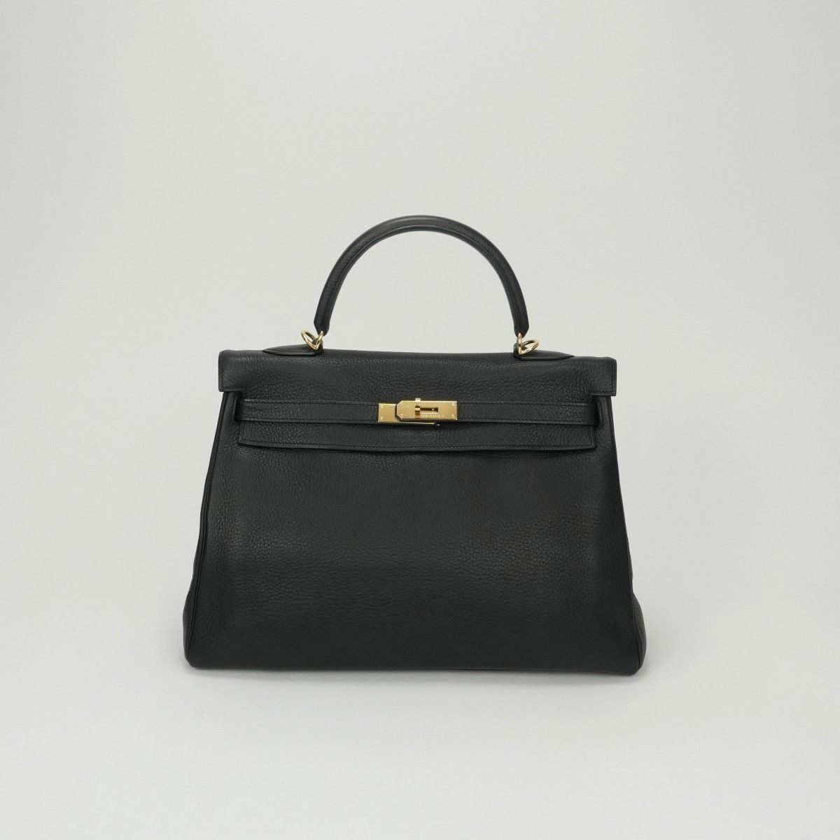 Hermes Kelly 35 Tote Shoulder Bag Taurillon Clemence Noir Black Gold V-shaped