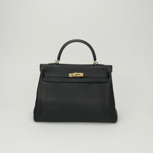 Hermes Kelly 35 Tote Shoulder Bag Taurillon Clemence Noir Black Gold V-shaped