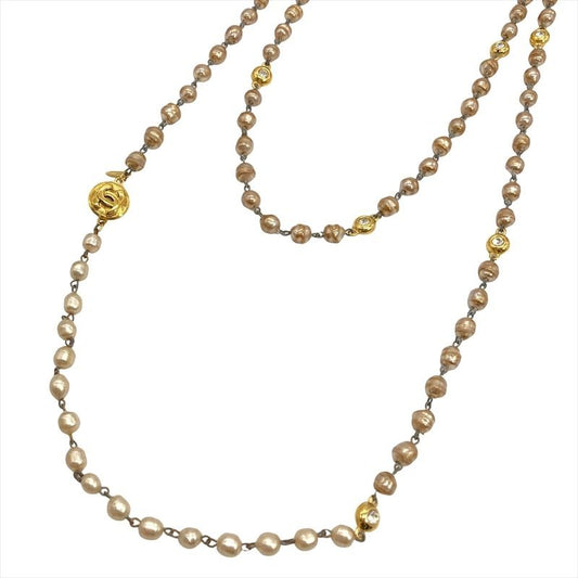 Chanel Vintage Long Necklace Metal Faux Pearl Rhinestone 184 cm