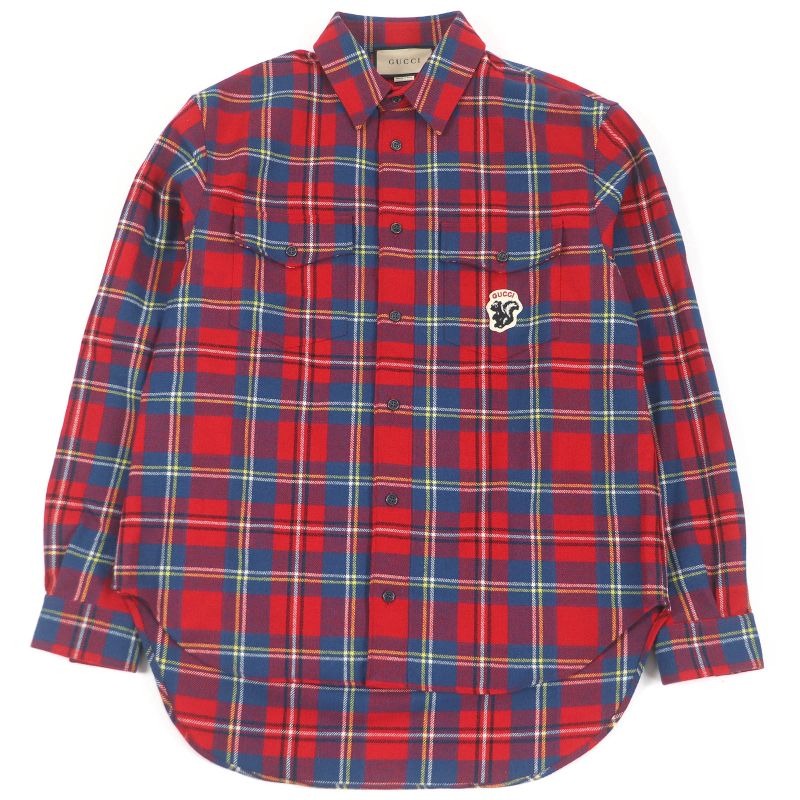 Gucci Wool Skunk Patch Tartan Check Long Sleeve Shirt Red