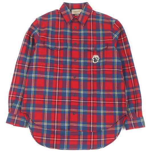 Gucci Wool Skunk Patch Tartan Check Long Sleeve Shirt Red