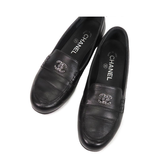 Chanel Loafers Black Silver Leather Moccasins Chain CC Logo Shoes