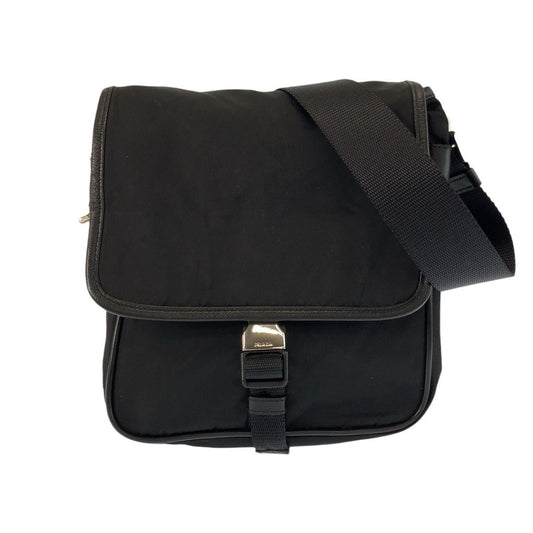 Prada Tessuto Black Silver Nylon Leather Shoulder Bag