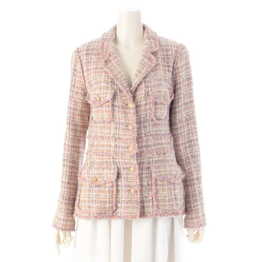 Chanel Wool Coco Button Tweed 4 Pocket Tailored Jacket Pink Beige 40