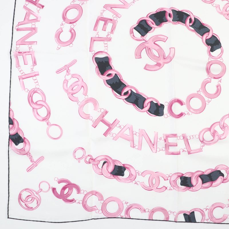 CHANEL 100% Silk Coco Mark Chain Belt Pattern Scarf White Pink With Box Made In