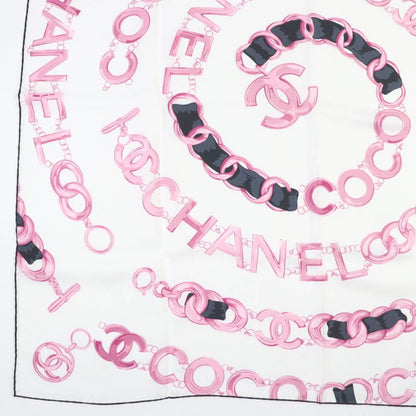 CHANEL 100% Silk Coco Mark Chain Belt Pattern Scarf White Pink With Box Made In