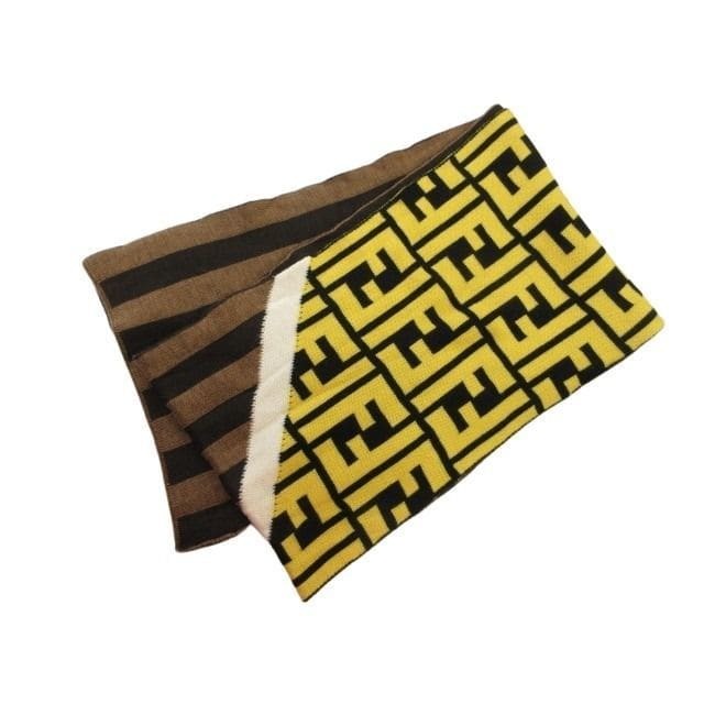 Fendi Knit Scarf Shawl Zucca Pattern Stripe Switch Yellow Brown Wool