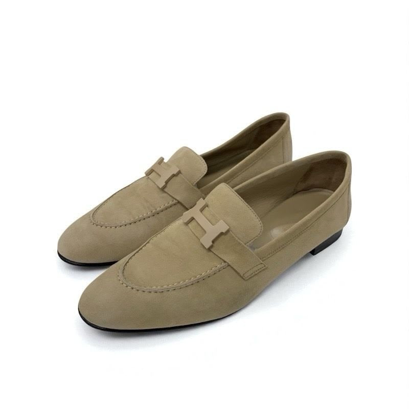 Hermes Paris Loafers Leather Shoes Suede Beige Hhardware Moccasins