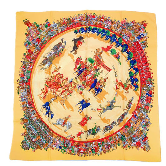 Hermes Carre 90 Cirque Molier Circus Yellow Scarf 100% Silk