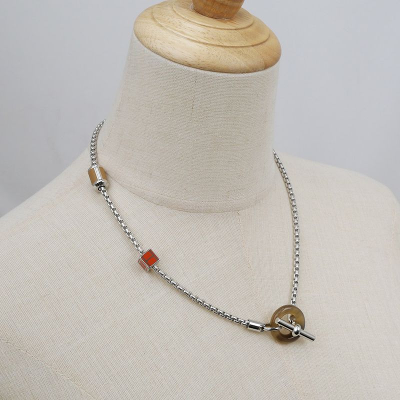 Hermes Meri Melo Necklace Buffalo Horn Metal Silver H Cube Unused