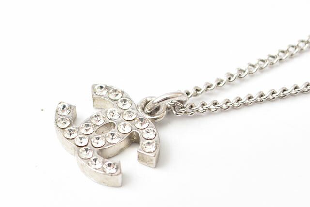 Chanel Necklace Pendant Chanel Coco Mark CC Rhinestone Silver White