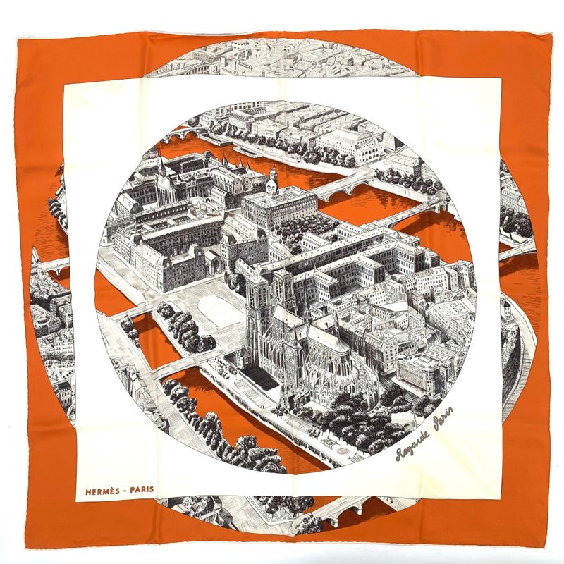 Hermes Carre 90 Regarde Paris Viewing Paris Scarf Orange