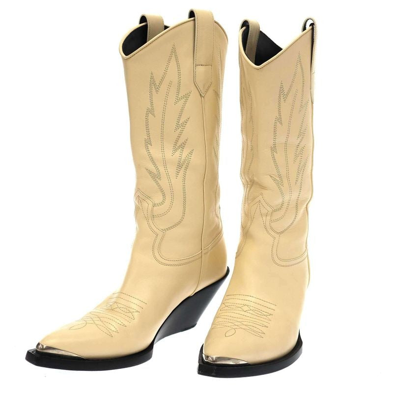 Celine 22 AW Metal Toe Cap Western Middle Boots Ivory 41
