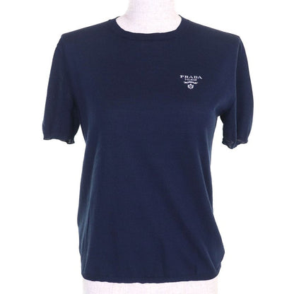 Prada 2023 P2401l Silk Cotton Logo Crew Neck Short Sleeve Knit Sweater Light