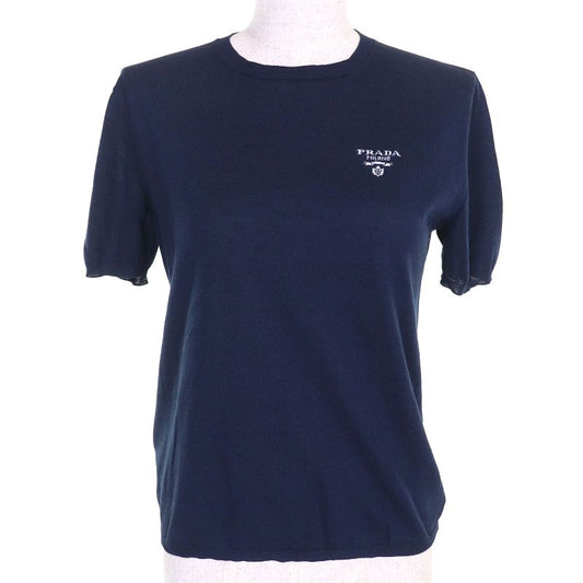Prada 2023 P2401l Silk Cotton Logo Crew Neck Short Sleeve Knit Sweater Light