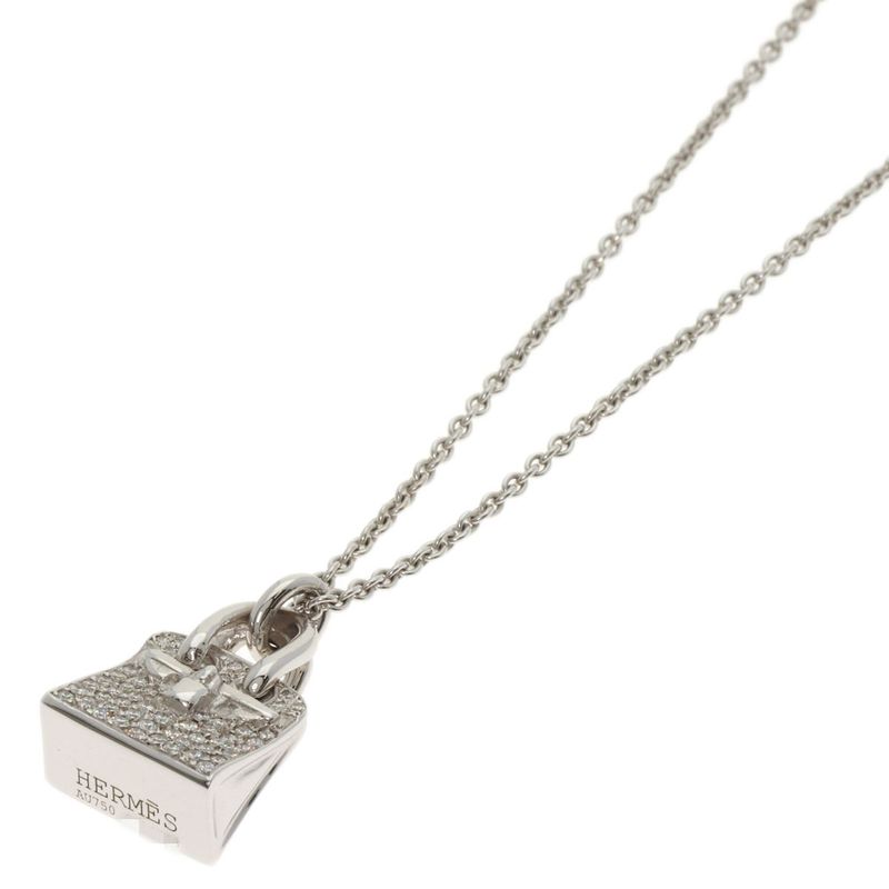 Hermes Birkin Diamond Amulet Necklace 18K White Gold Ladies