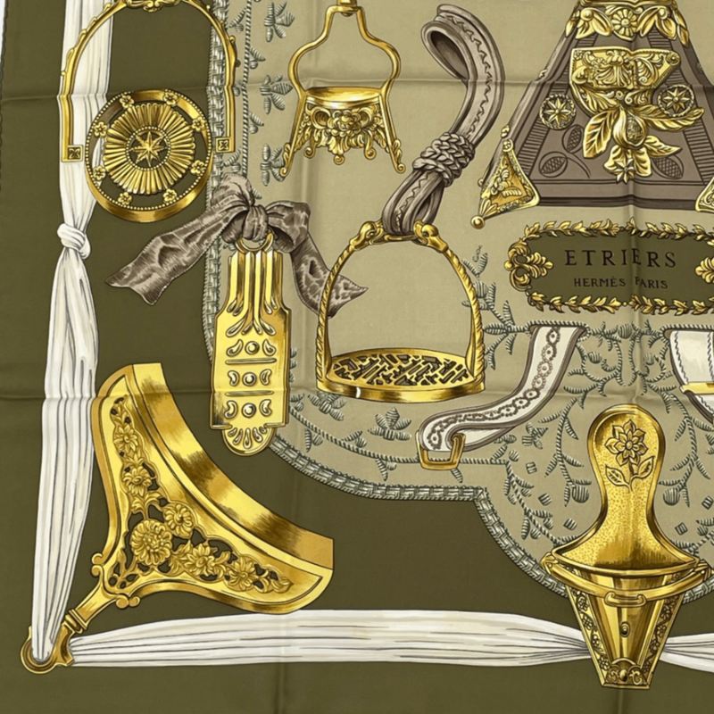 Hermes Carre 90 Etriers Scarf With Stirrup And Harness Pattern Silk Brown