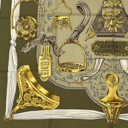 Hermes Carre 90 Etriers Scarf With Stirrup And Harness Pattern Silk Brown