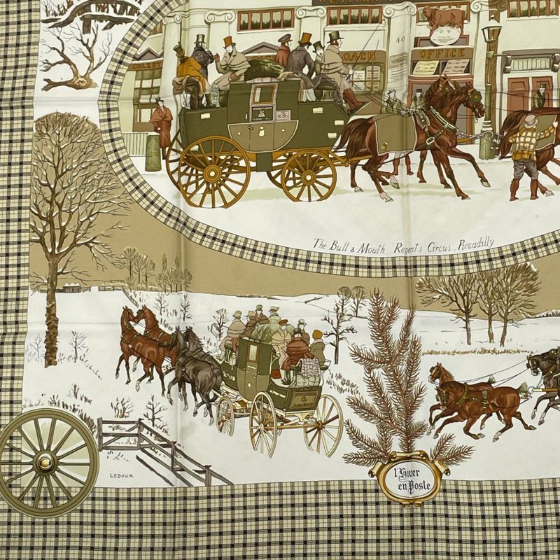 Hermes Scarf Carre 90 Lhiver EN Poste Winter Mail Coach 100% Silk Beige