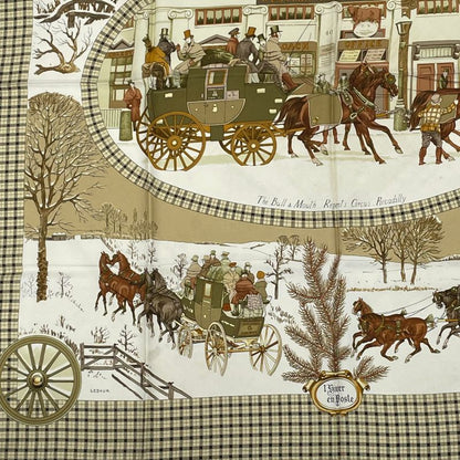 Hermes Scarf Carre 90 Lhiver EN Poste Winter Mail Coach 100% Silk Beige