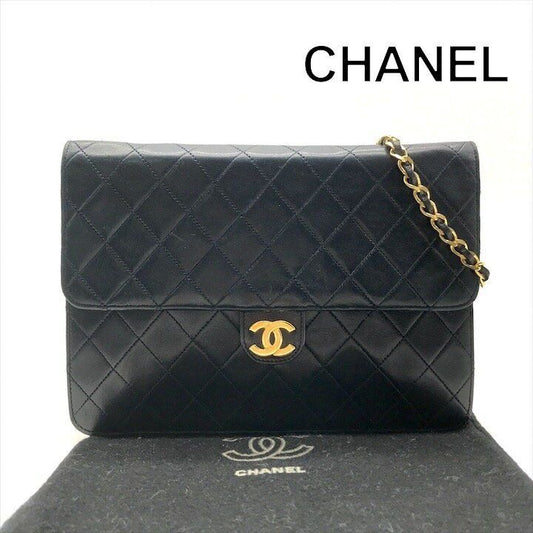 Chanel CC Logo Quilted Push Lock Lambskin Chain Shoulder Bag Navy