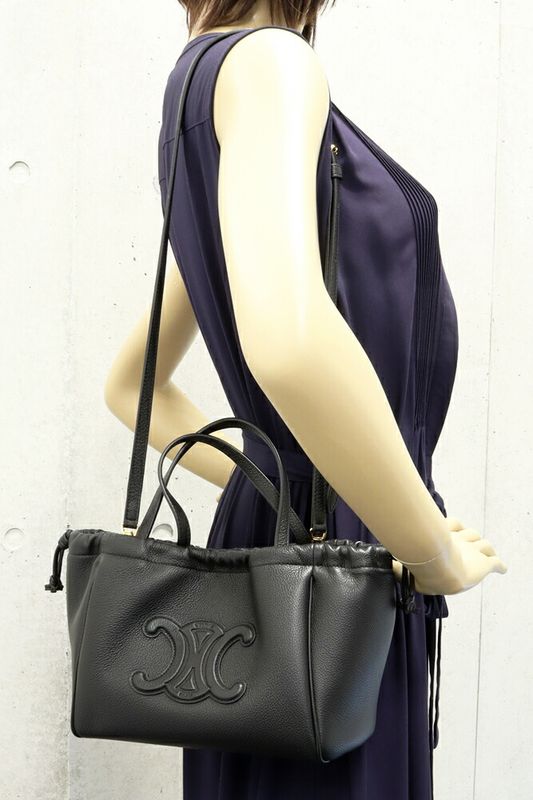 Celine Hand Tote Shoulder Bag Triomphe Cabas Small Drawstring Ring Grained