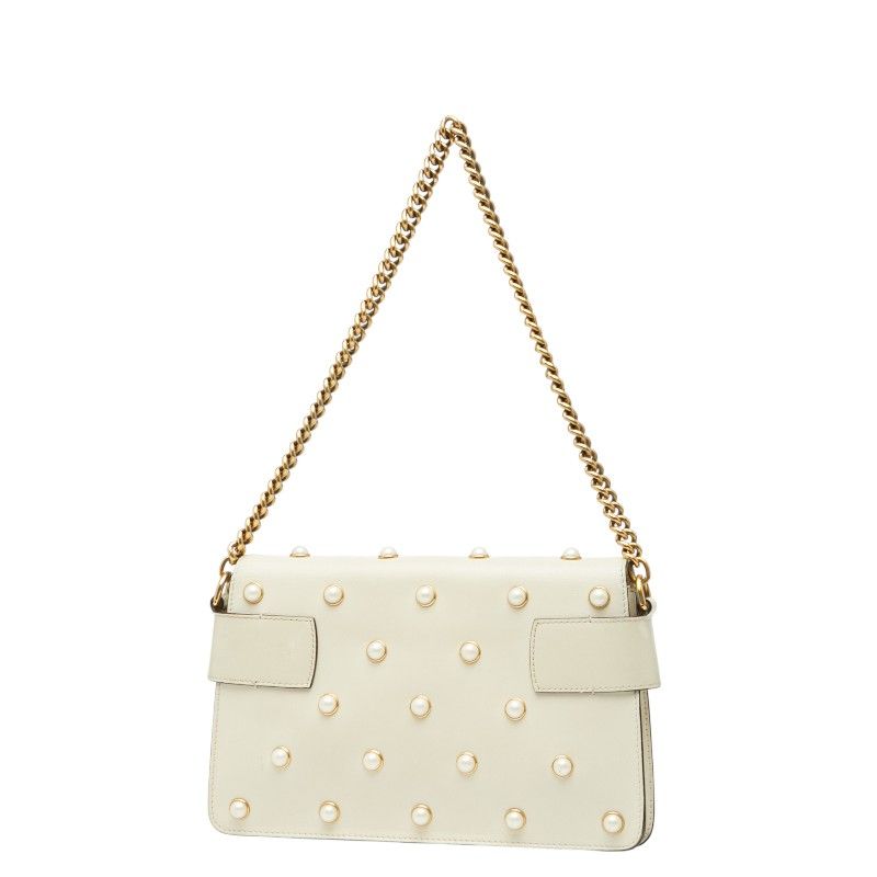 Gucci Broadway Pearl And Bee Chain Shoulder Bag 2WAY 453778 White Gold Leather